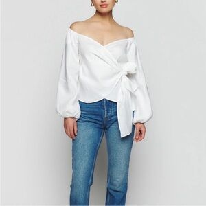 NWT Reformation Women M Hart Top White Linen Wrap Blouse‎ Off Shoulder Peasant
